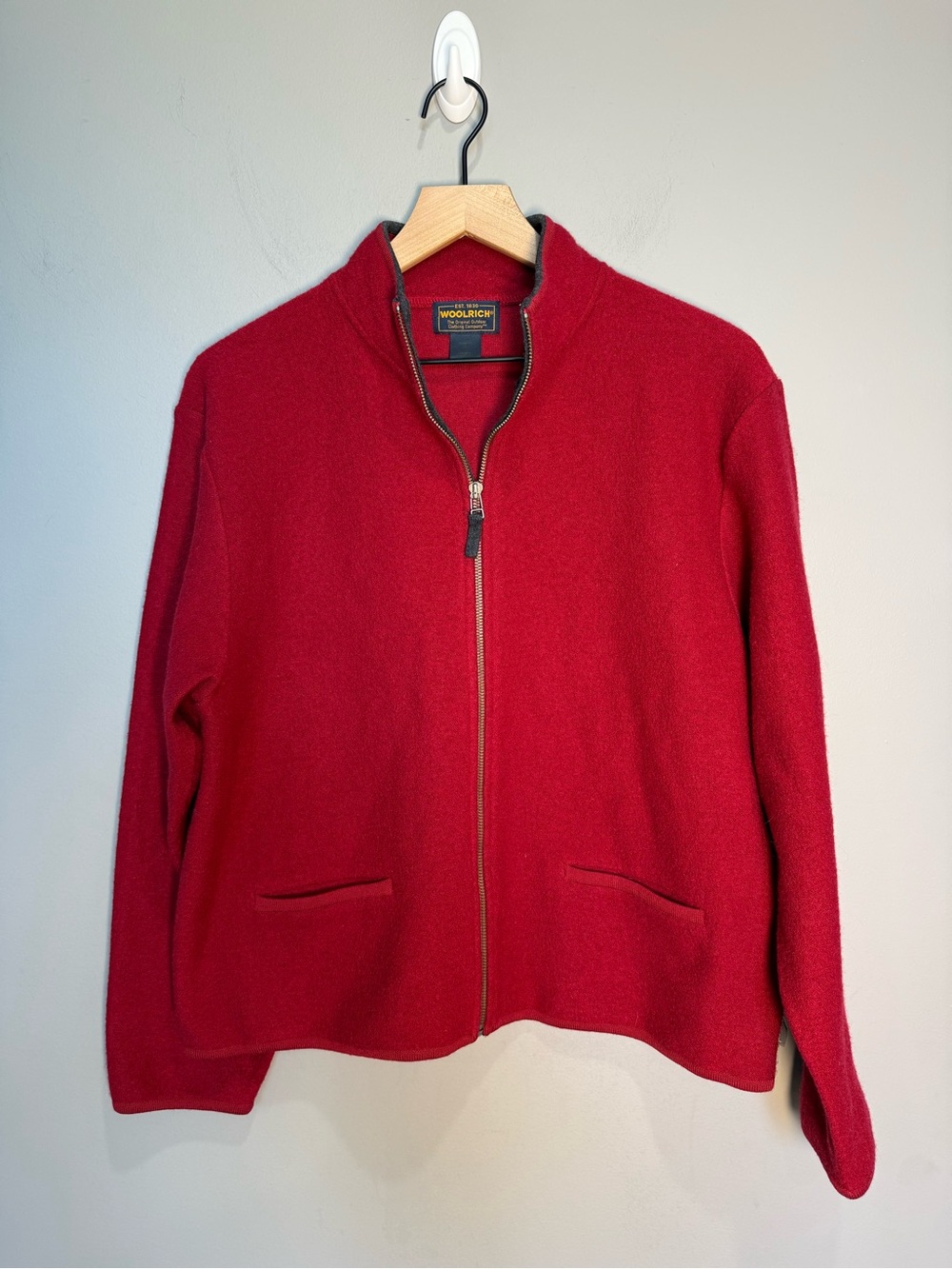 Woolrich 100% Wool Ruby Red Full Zip Jacket Sweater XL